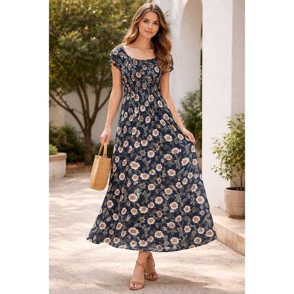 Anthropologie Kindred Tiered Ruched Maxi Dress Floral Navy Large Off Shoulder - Picture 2 of 6